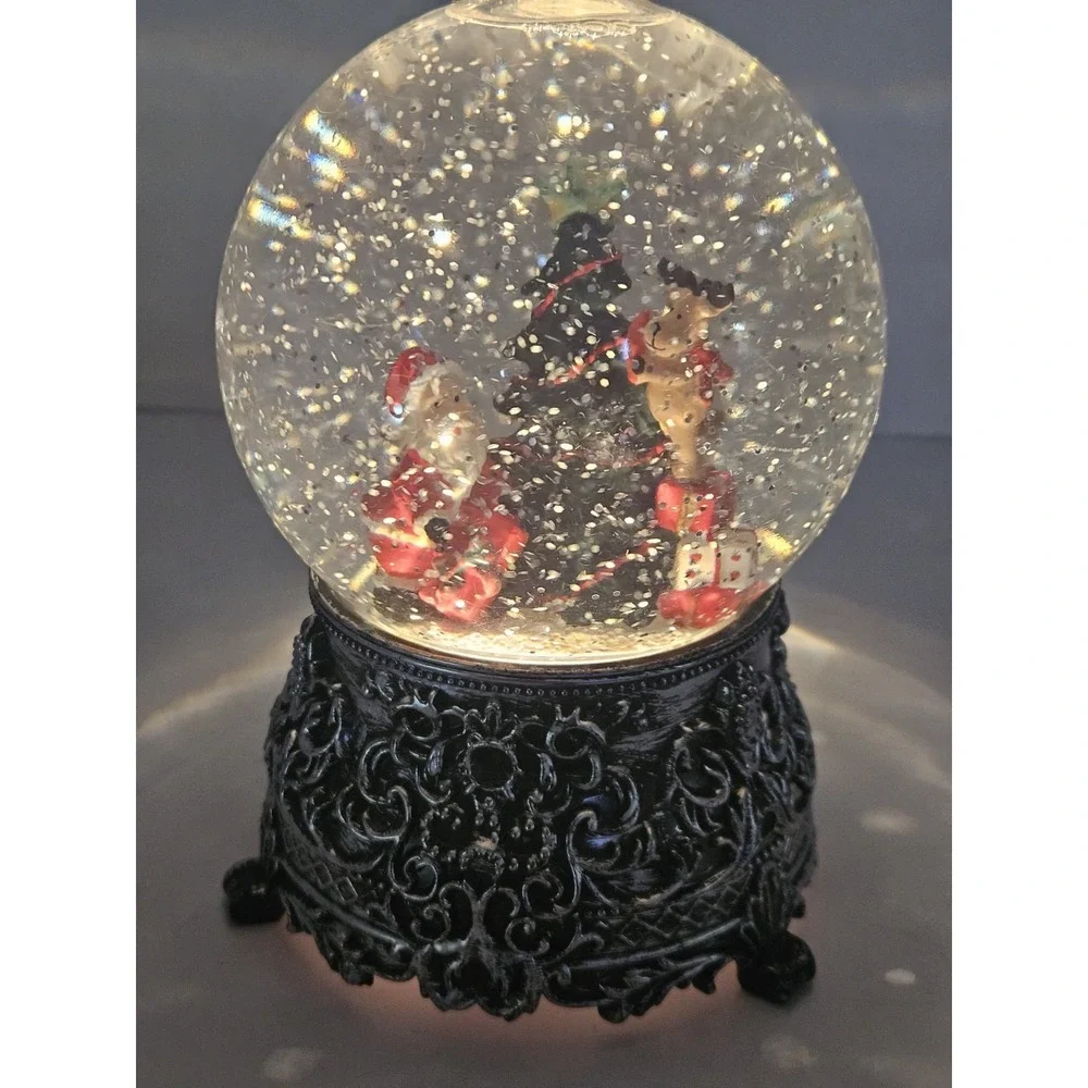 Lighted Christmas Tree Snow Globe Swirling Glitter Plastic Dome Black Filigree